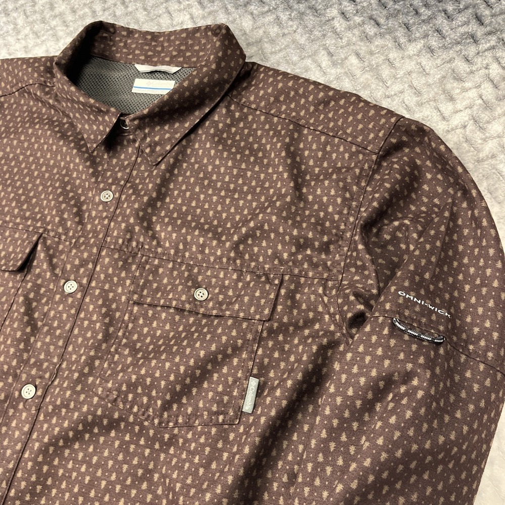Columbia Vented Flannel Shirt Men XXL Green Omni-Wick Button Long Slv Tree Print